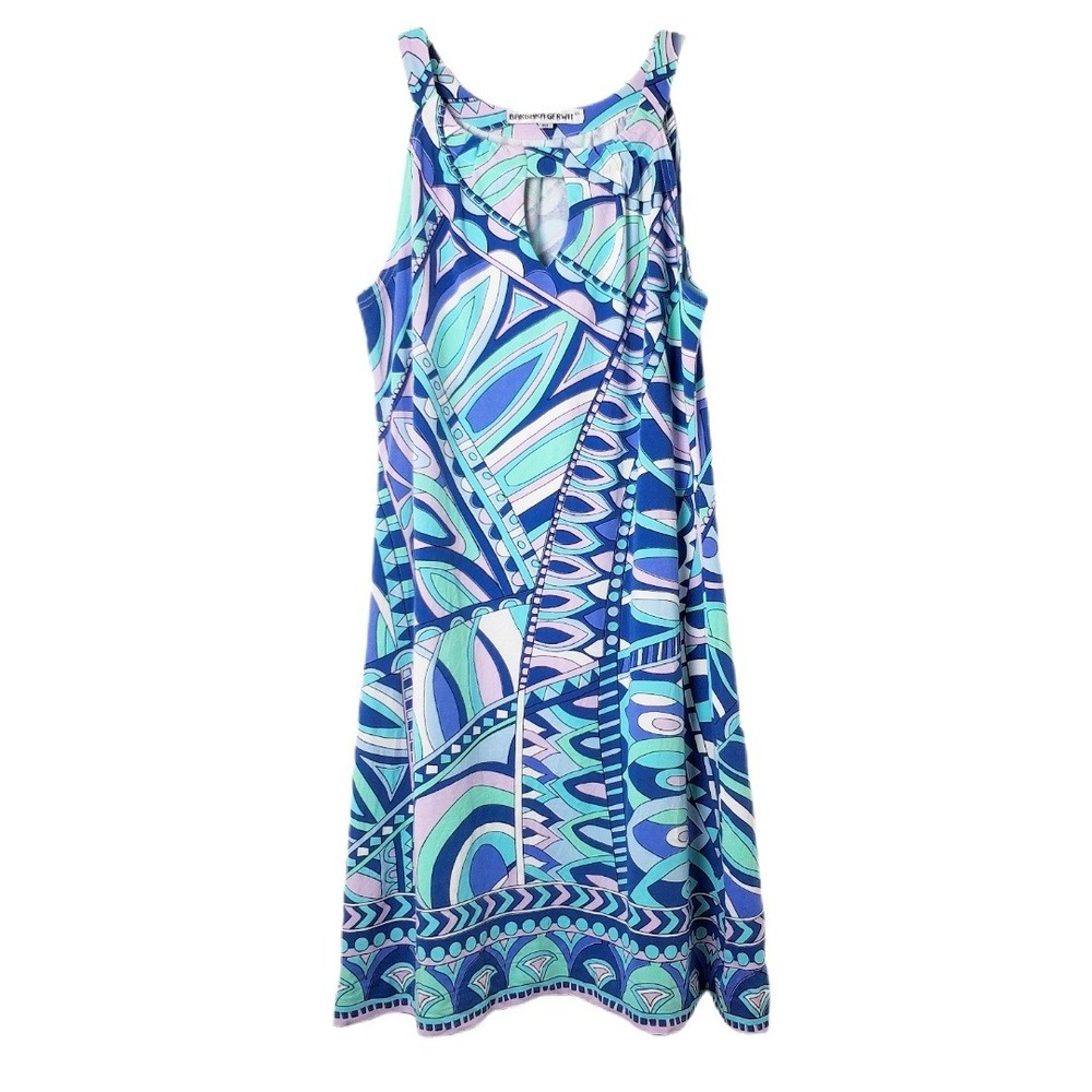 Barbara Gerwit Sleeveless Mod Geo Halter Neck Mini Dress Blue Teal Purple Size M